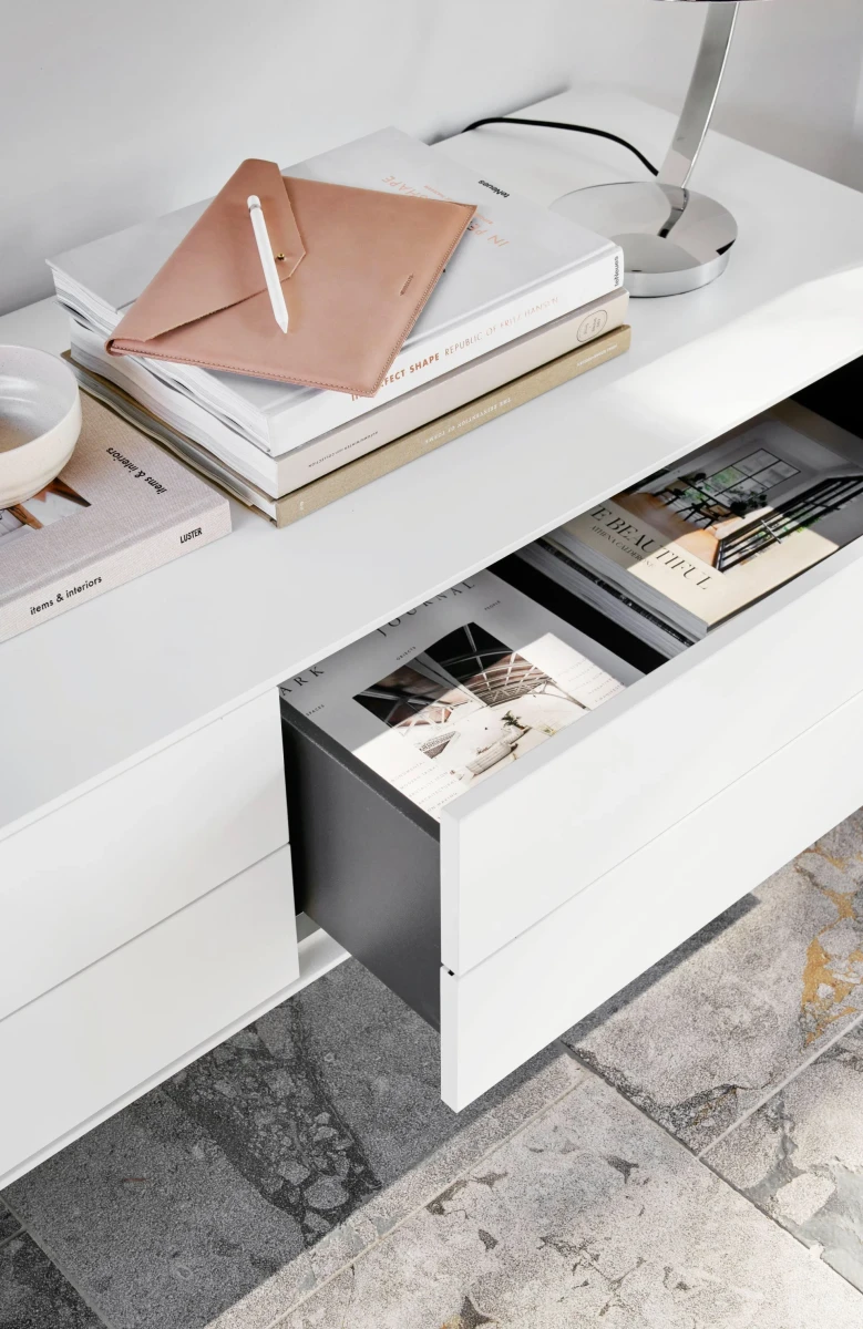 Fermo media unit with drop down doors